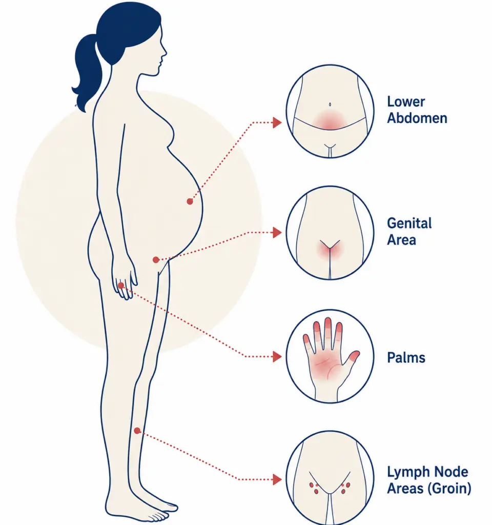 diagram showing common symptoms of STIs during pregnancy on pregnant body