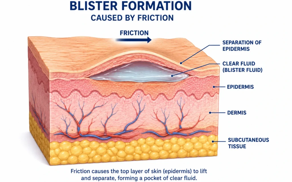 diagram showing how friction causes a blister to form between skin layers on a foot