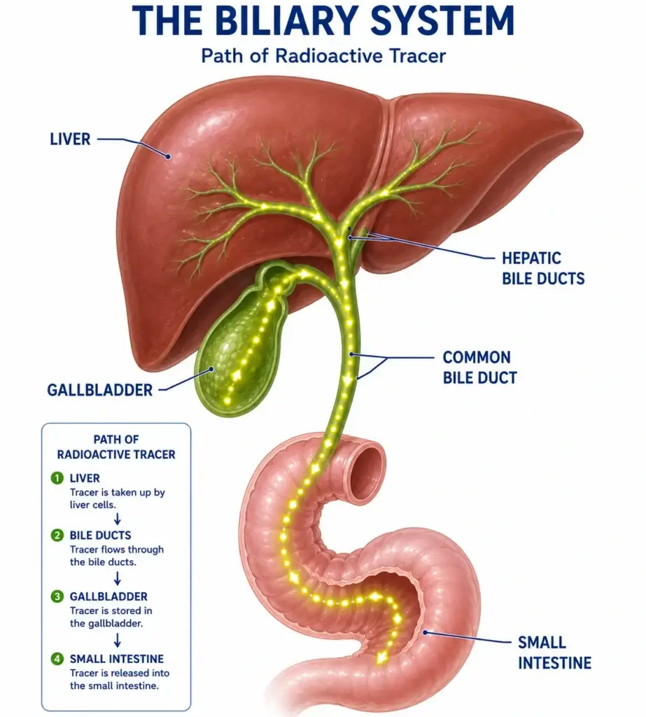 diagram showing how hida scan traces radioactive tracer through liver gallbladder and bile ducts