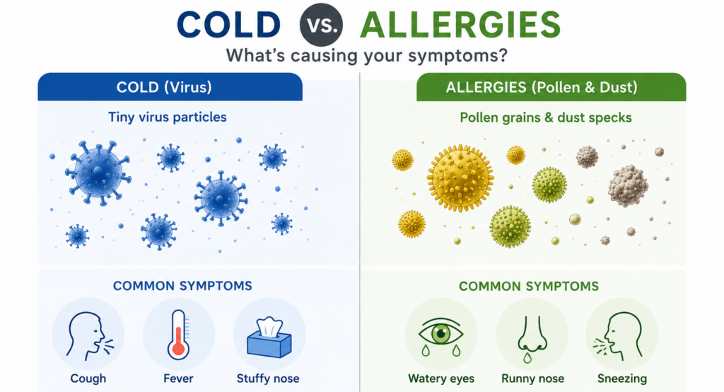diagram showing virus particles versus pollen as causes of cold and allergy symptoms
