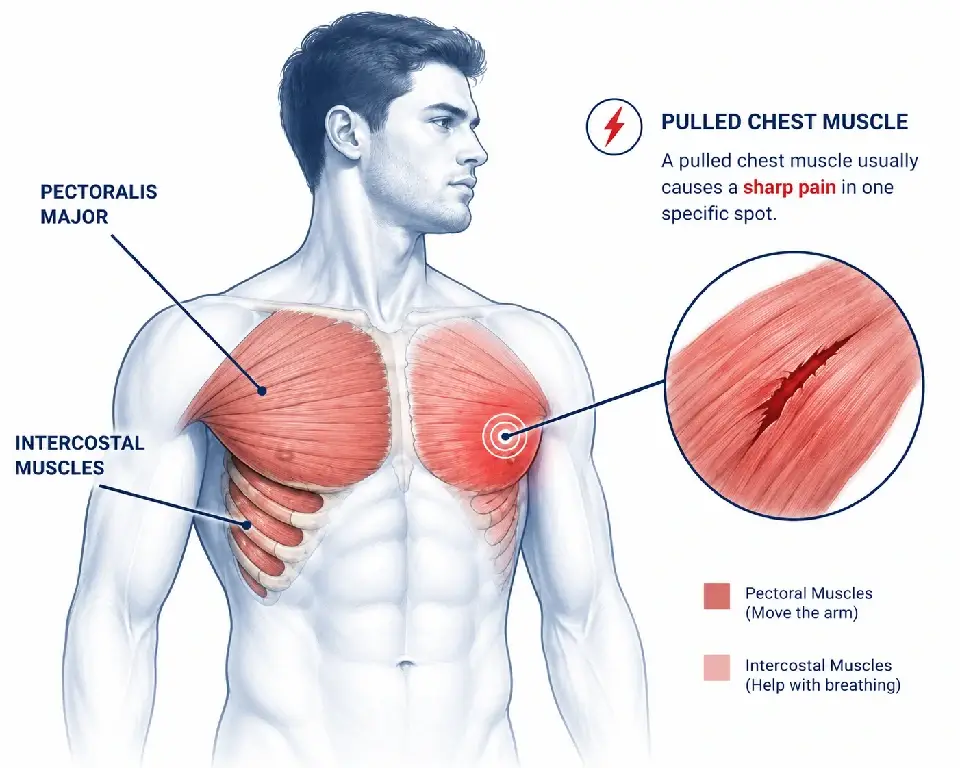 diagram showing where a pulled chest muscle causes pain.