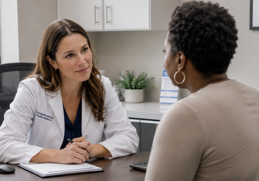 doctor consulting patient about flu vs cold symptoms and when to seek care