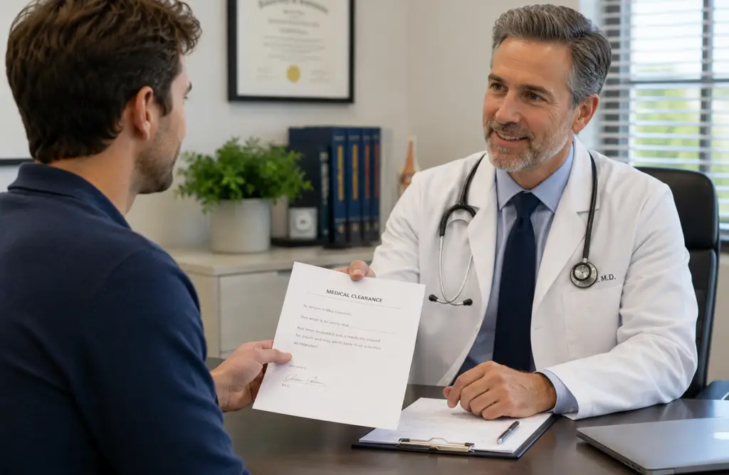 doctor providing medical clearance letter for flying with a fracture