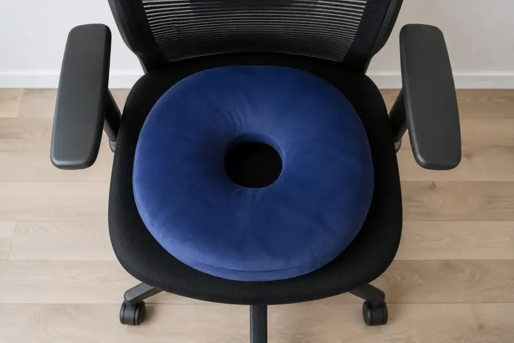 donut shaped cushion on office chair to relieve sore bum bones when sitting