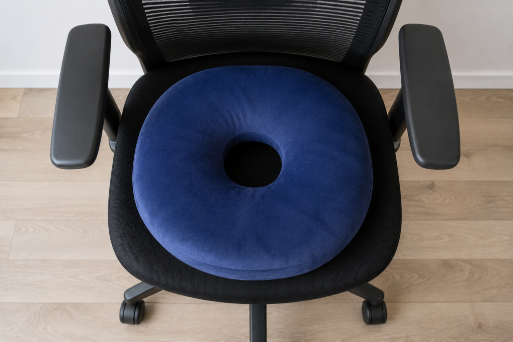 donut shaped cushion on office chair to relieve sore bum bones when sitting