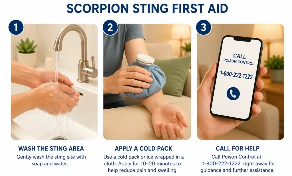 first aid steps for scorpion sting treatment including washing the site and calling poison control