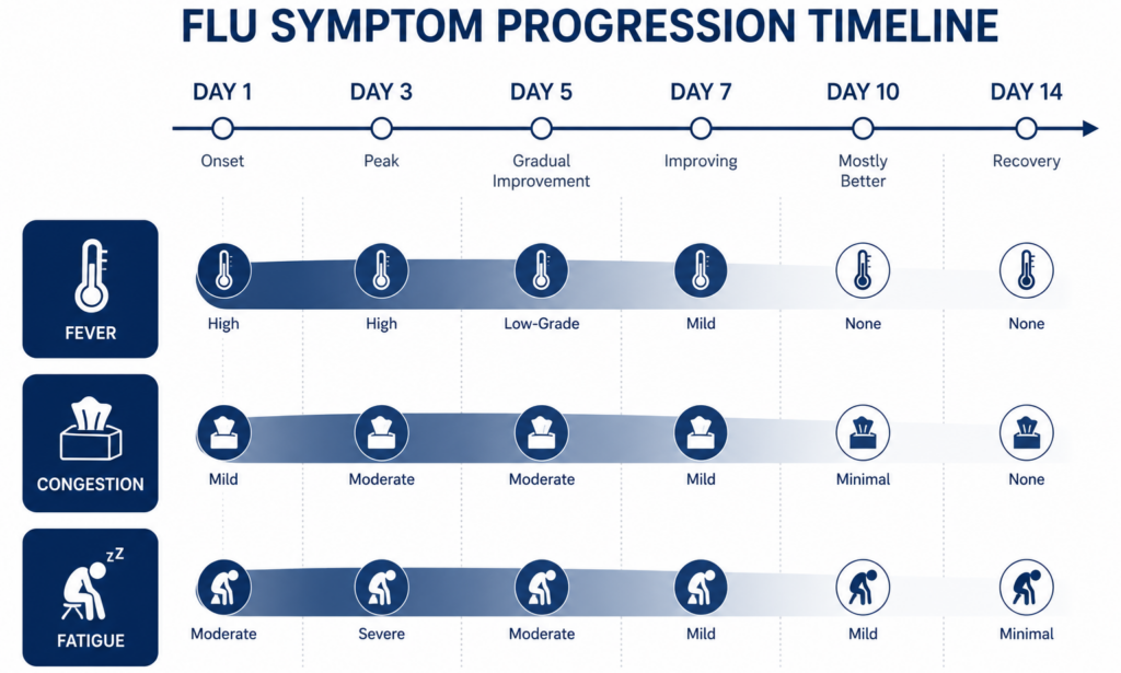 flu recovery timeline showing symptom progression by day