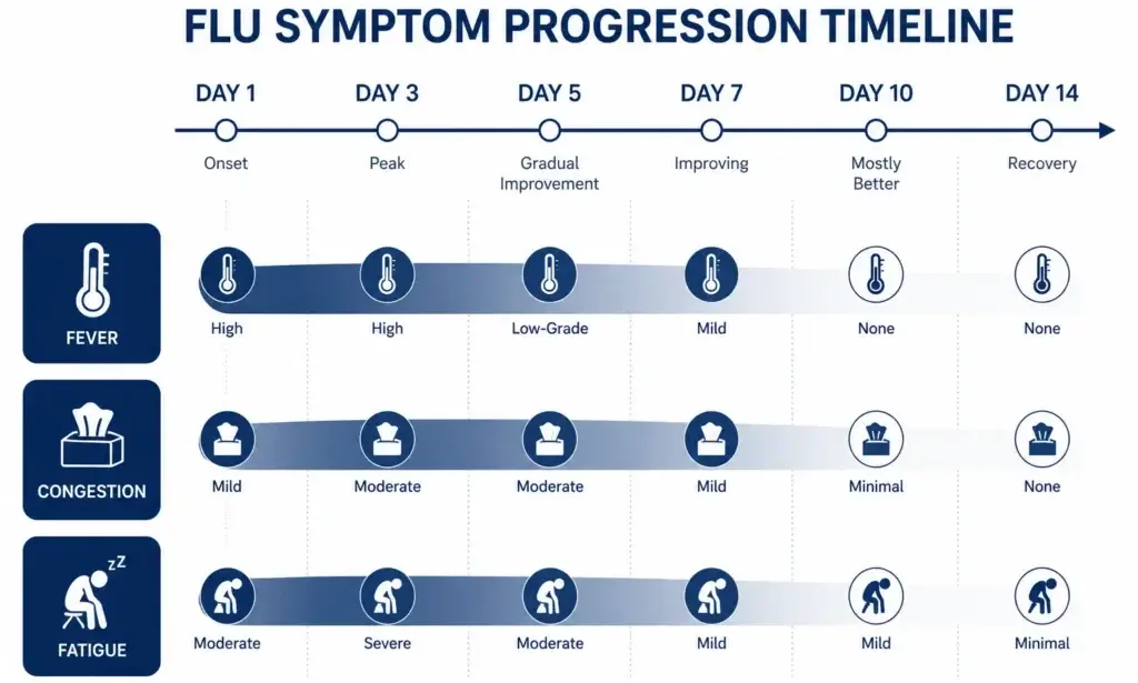 flu recovery timeline showing symptom progression by day