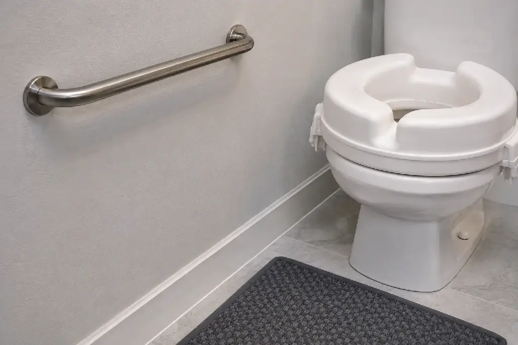 grab bar and non slip mat paired with a raised toilet seat for safety