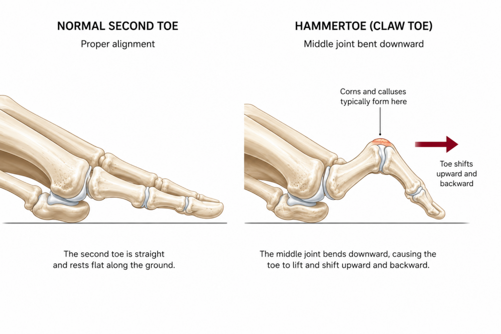 hammertoe deformity diagram comparing bent second toe claw shape to normal toe alignment