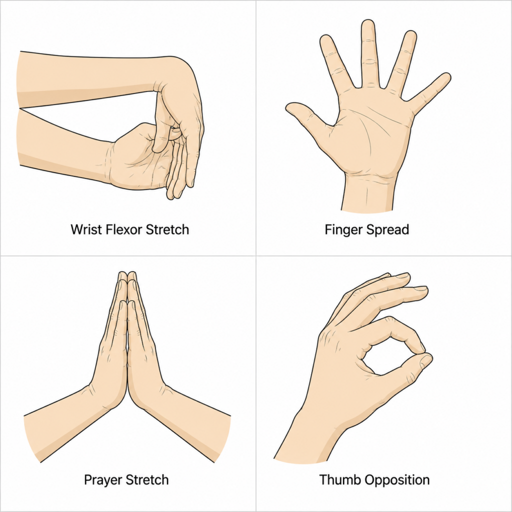 four hand stretches for phone related pain showing wrist flexor finger spread prayer stretch and thumb opposition