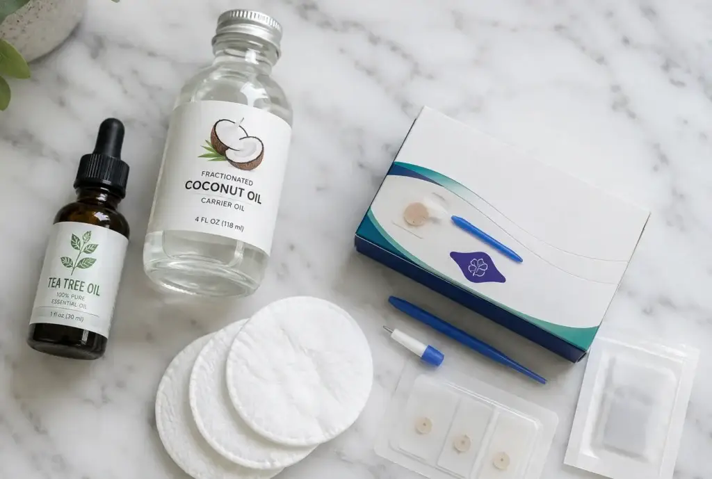 home remedies for skin tag removal including tea tree oil and freezing kit