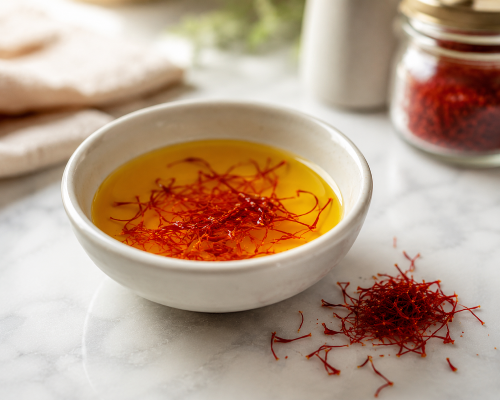 how to use saffron in food by blooming threads in warm water