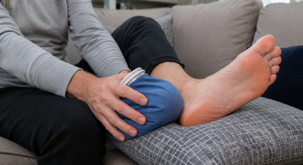 ice pack treatment for bruised heel with foot elevated on pillow RICE method