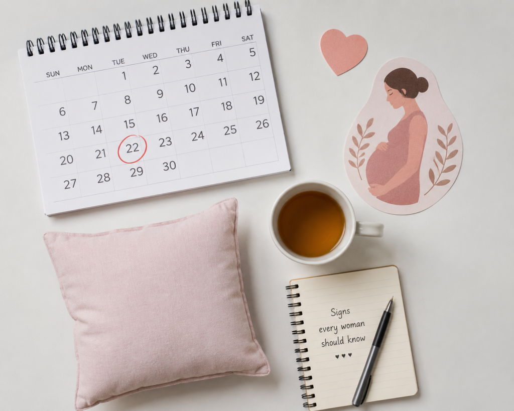 icons showing early pregnancy symptoms like fatigue and a missed period