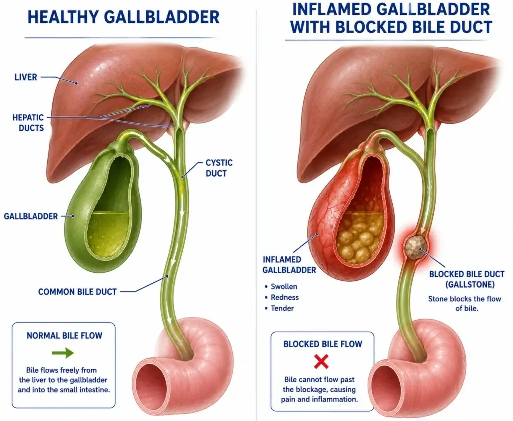illustration comparing healthy gallbladder to inflamed gallbladder with blocked bile duct as seen in hida scan diagnosis