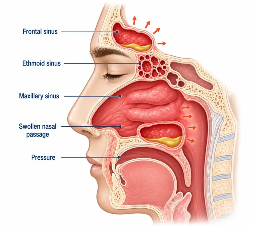 illustration showing how swollen sinuses cause an allergy headache