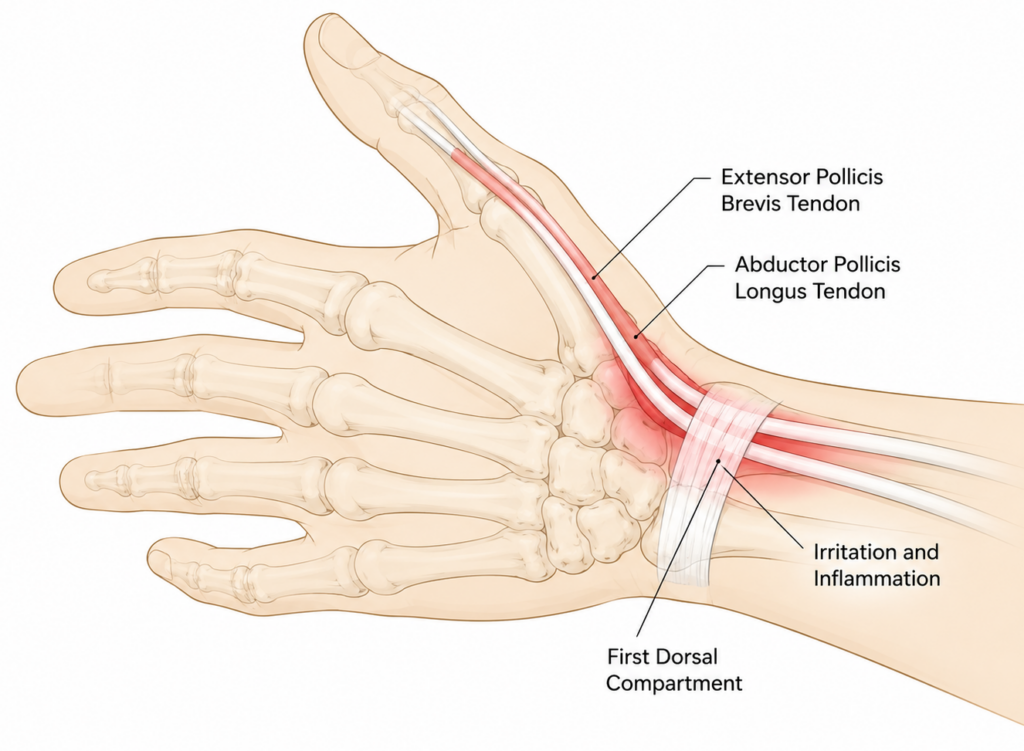 illustration showing where mommy thumb pain occurs in the wrist