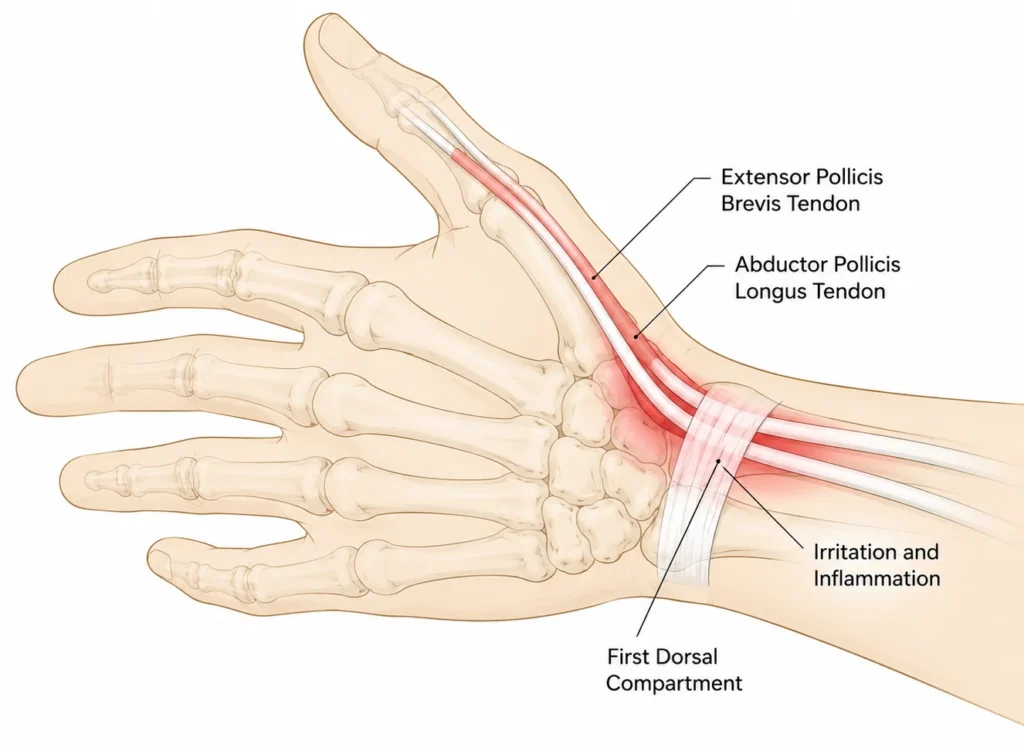 illustration showing where mommy thumb pain occurs in the wrist