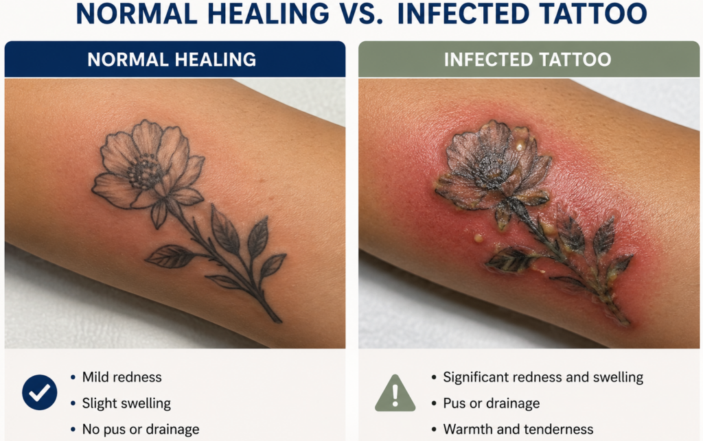 infected tattoo signs and symptoms compared to normal healing
