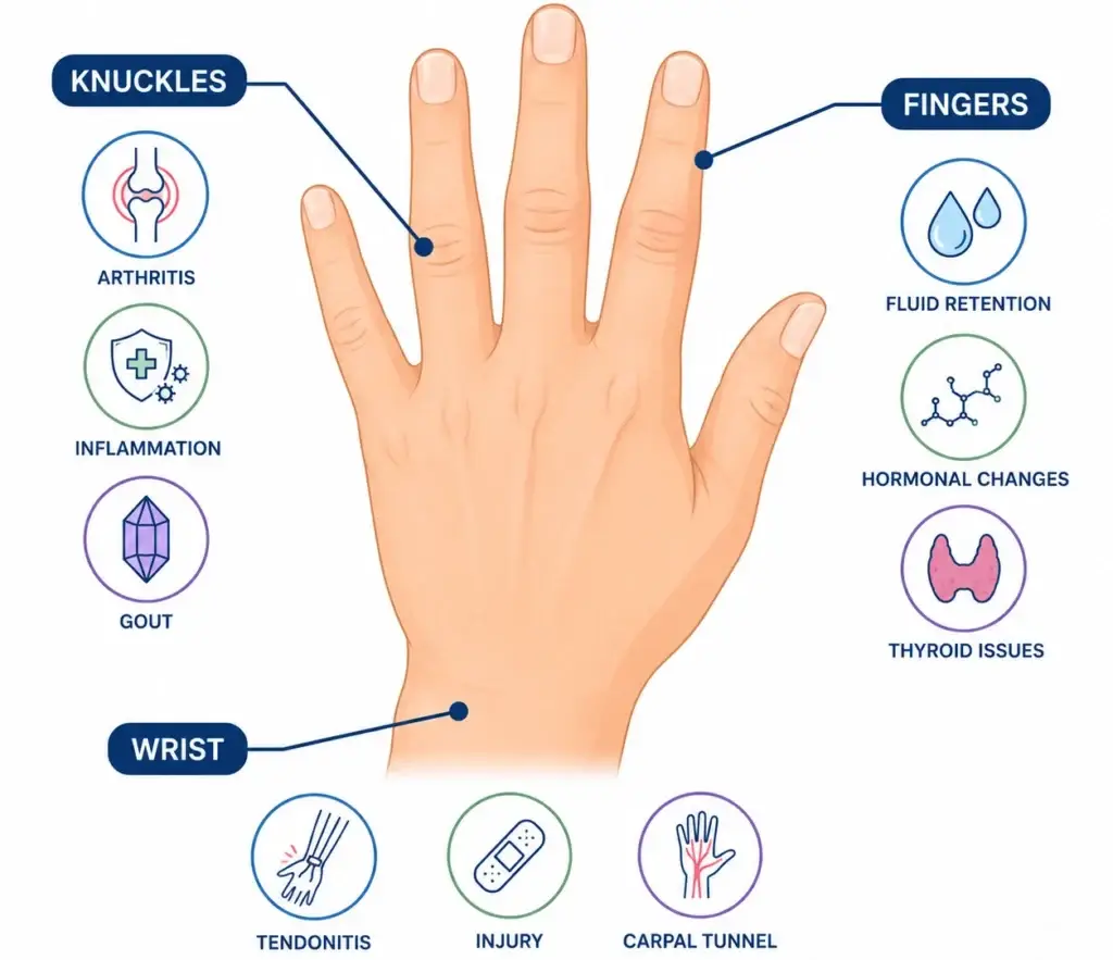 infographic comparing causes of swollen hands and fingers