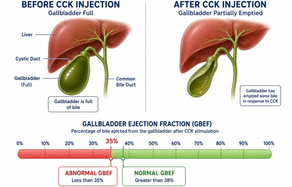 infographic showing gallbladder ejection fraction measured during hida scan with cck normal vs abnormal range