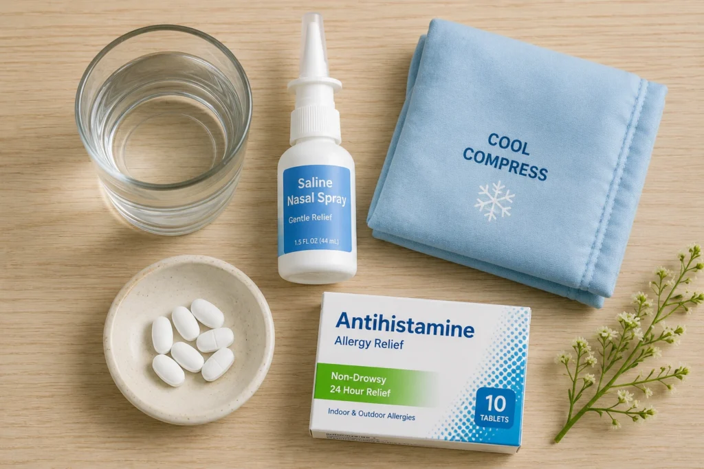 items that help relieve an allergy headache including water and antihistamines