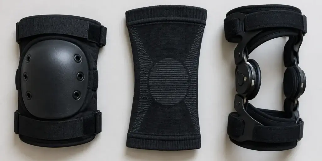 knee pads compression sleeve and knee brace comparison laid flat on white background