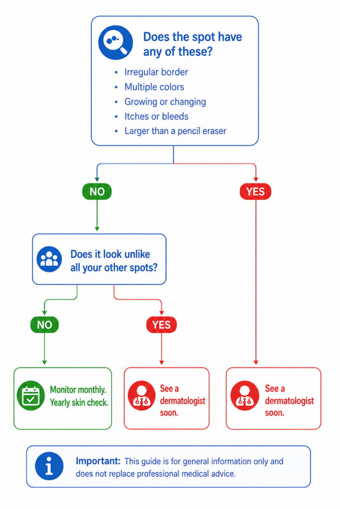 flowchart for deciding when to see a dermatologist about a brown skin spot