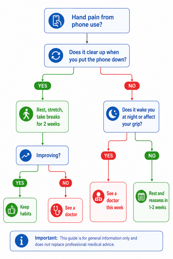 flowchart for deciding when to see a doctor about hand pain from holding your phone