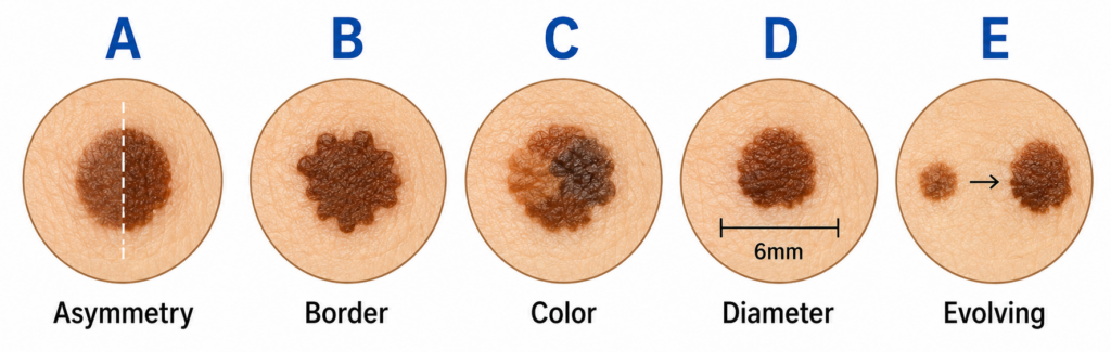 ABCDE melanoma rule illustrations showing asymmetry border color diameter and evolving signs