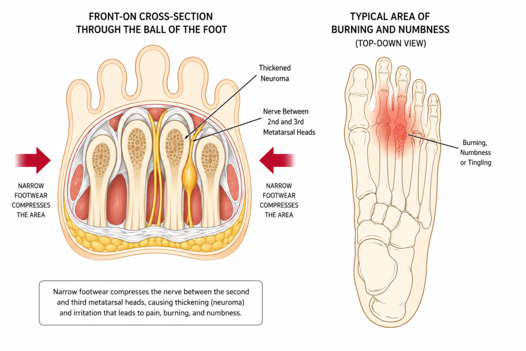 Morton's neuroma diagram showing thickened nerve between second and third toes with compression
