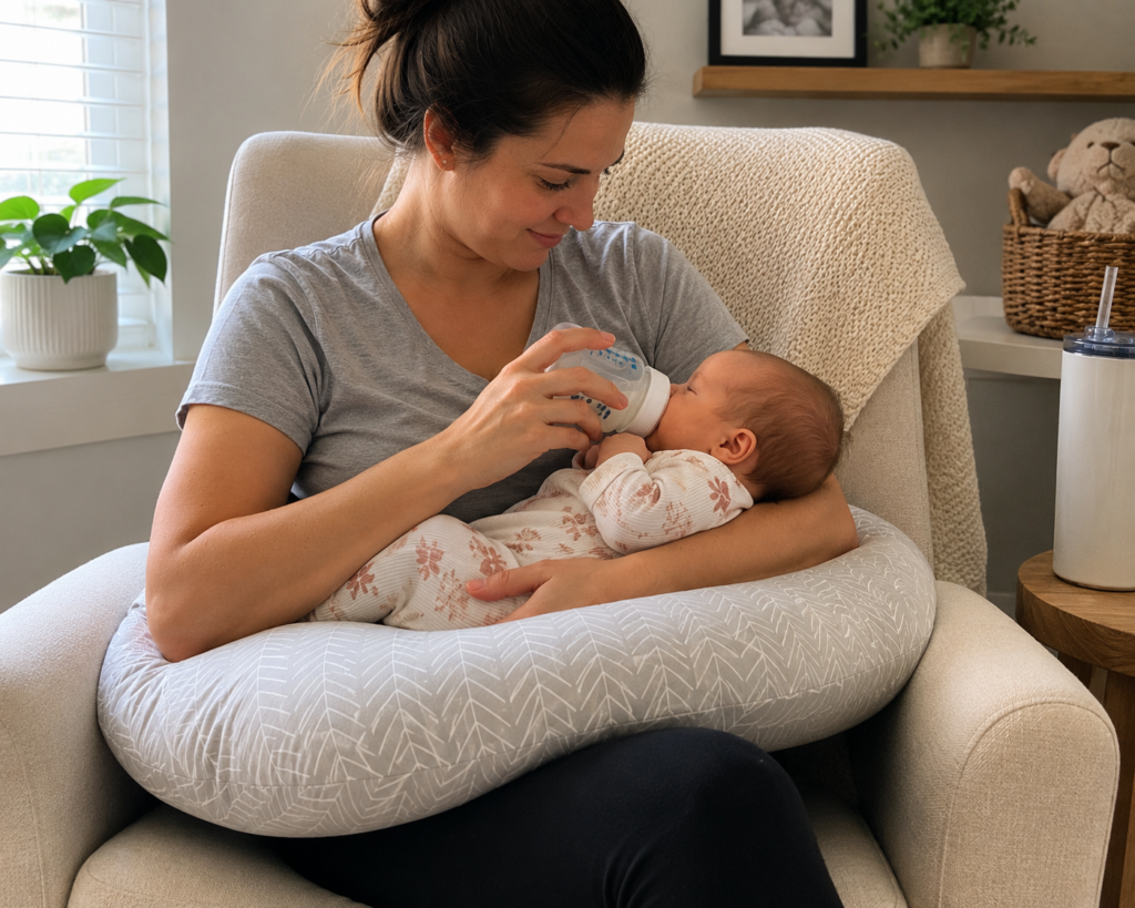 mother using proper support to ease wrist hurts from holding baby