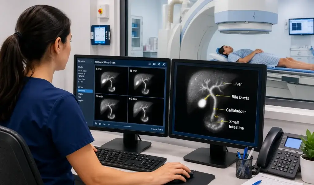 nuclear medicine technician reviewing hida scan images on computer monitors during procedure
