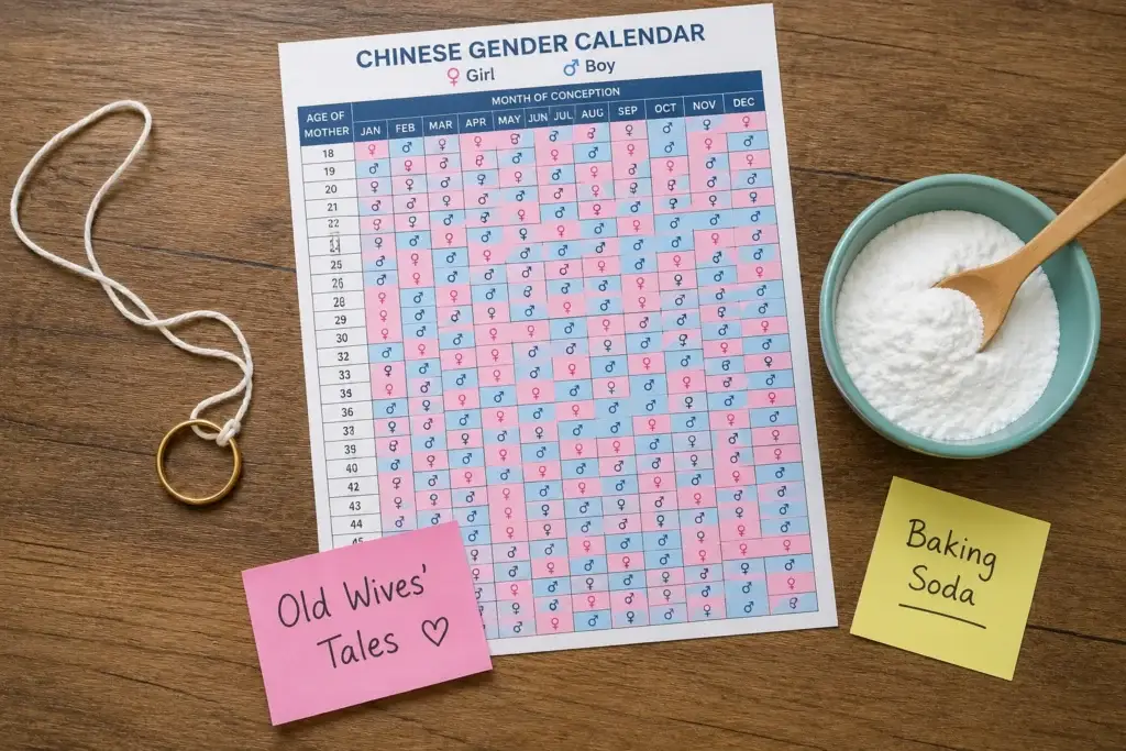 old wives tale gender predictor props including a ring test and gender calendar