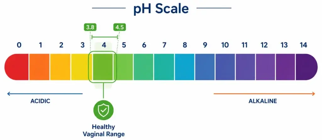 pH balance scale showing healthy vaginal range between 3.8 and 4.5