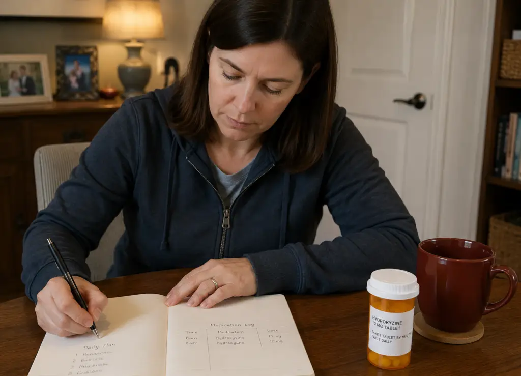 patient keeping a symptom journal while following a taper off medication plan
