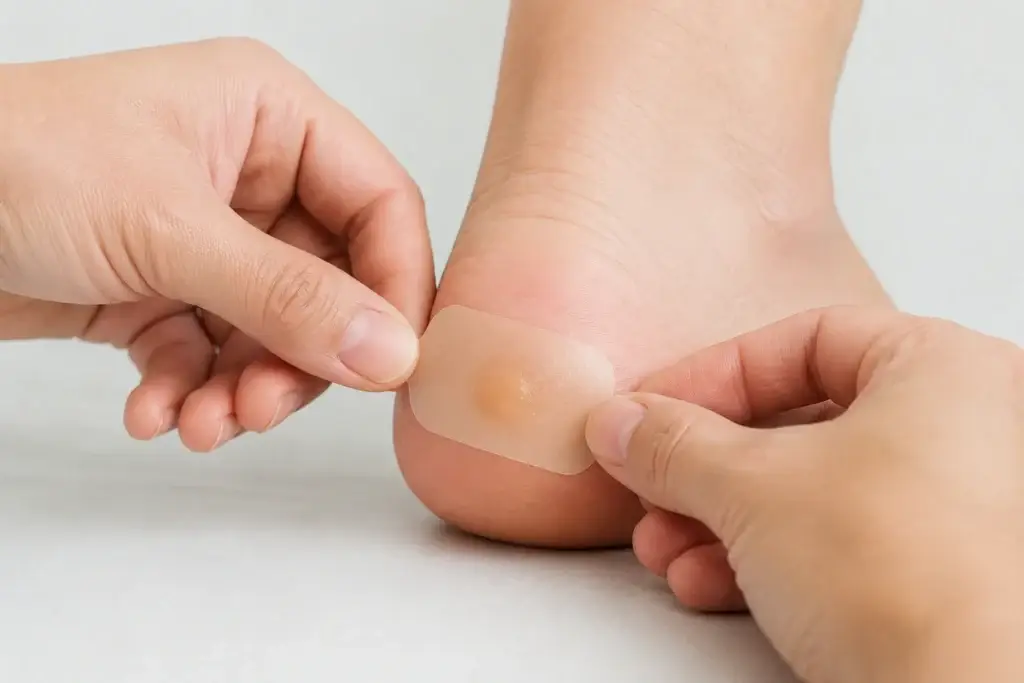 placing a gel bandage on a blister on the heel for fast blister care