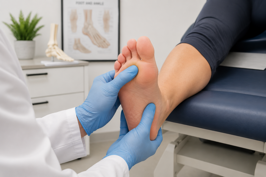 podiatrist pressing on ball of foot to examine second toe pain and diagnose cause