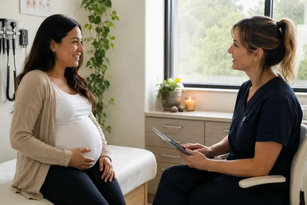 pregnant woman discussing when to start perineal massage with her doctor