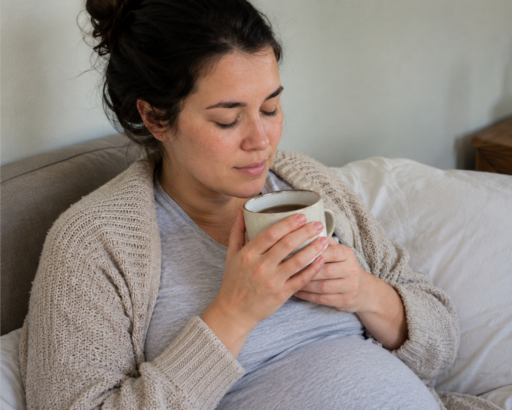 pregnant woman easing a sore throat during pregnancy with warm tea