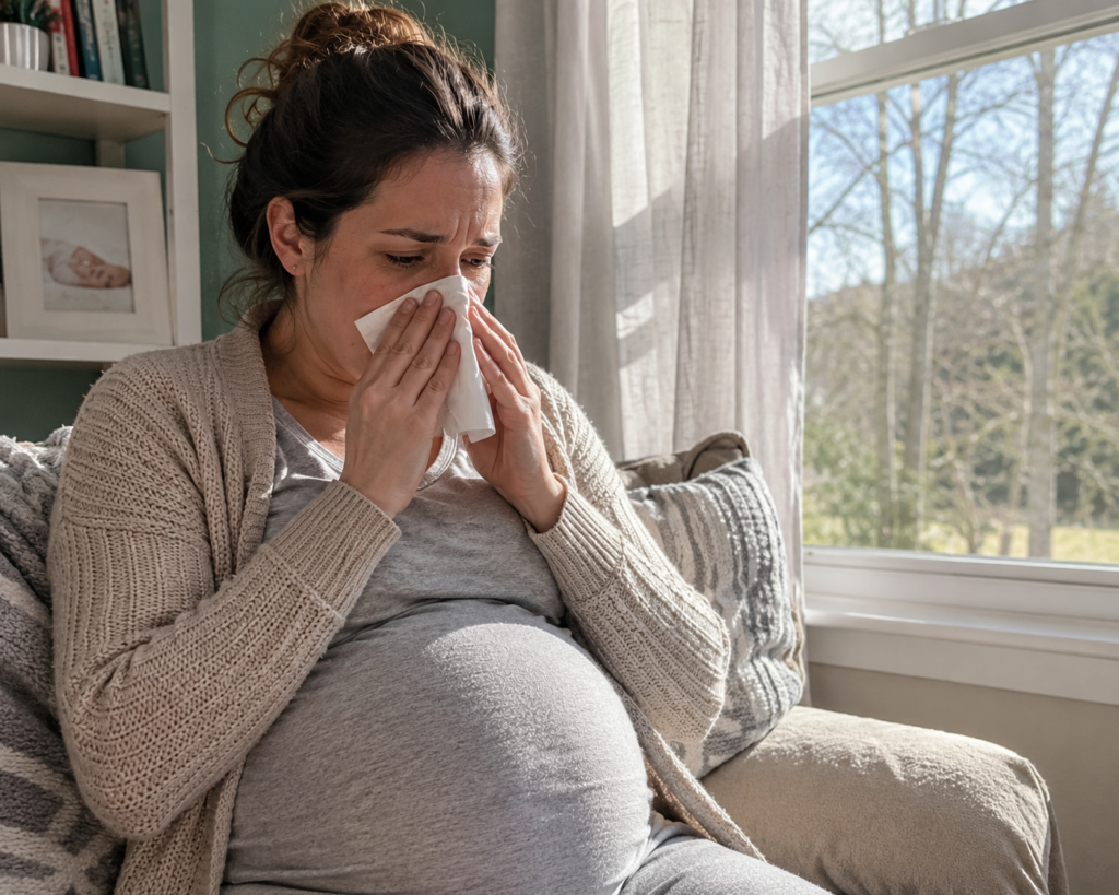 pregnant woman noticing pregnant and cold symptoms at home
