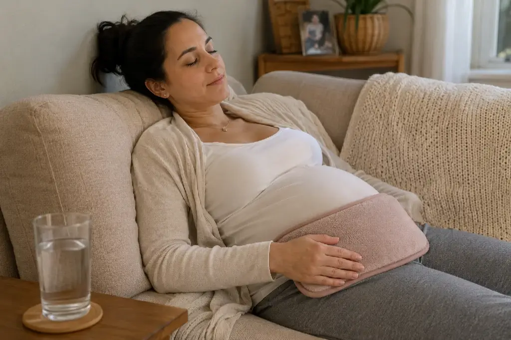 pregnant woman using a warm compress for relief from cramps during pregnancy