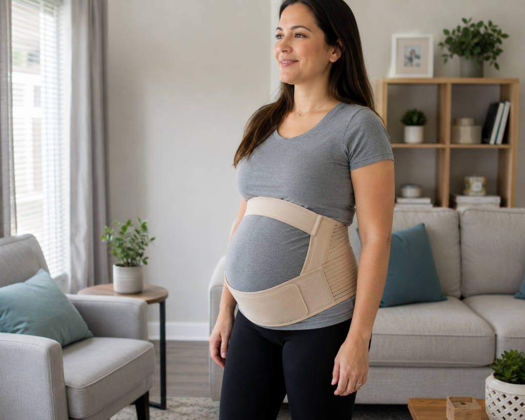 pregnant woman wearing a maternity belt for round ligament pain support during second trimester