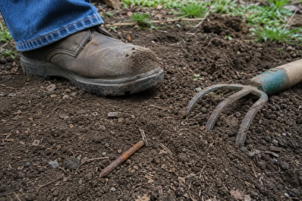 rusty nail in soil that can cause a puncture wound