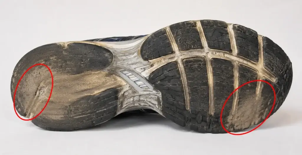 shoe sole wear pattern showing signs of overpronated feet on inner edge