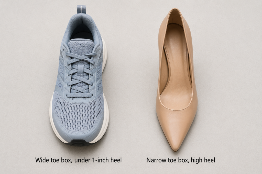 wide toe box supportive shoe versus narrow high heel comparing footwear impact on second toe pain