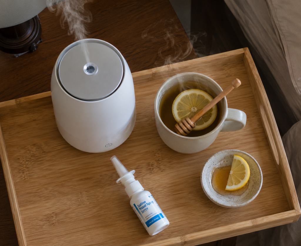 simple home remedies for cold during pregnancy on a bedside tray