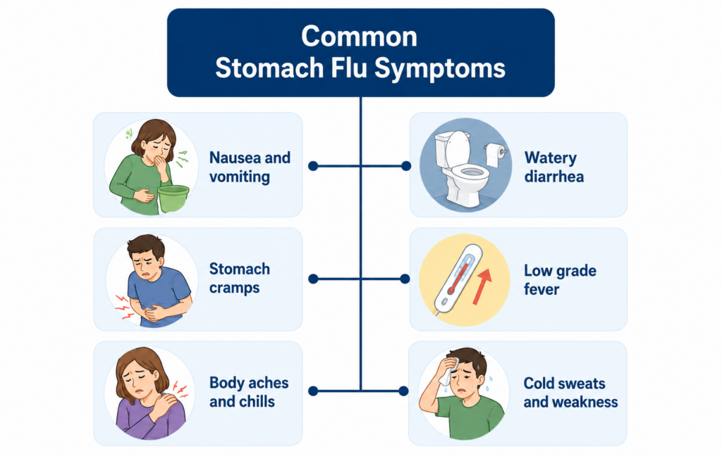 stomach flu symptoms including nausea stomach cramps and cold sweats