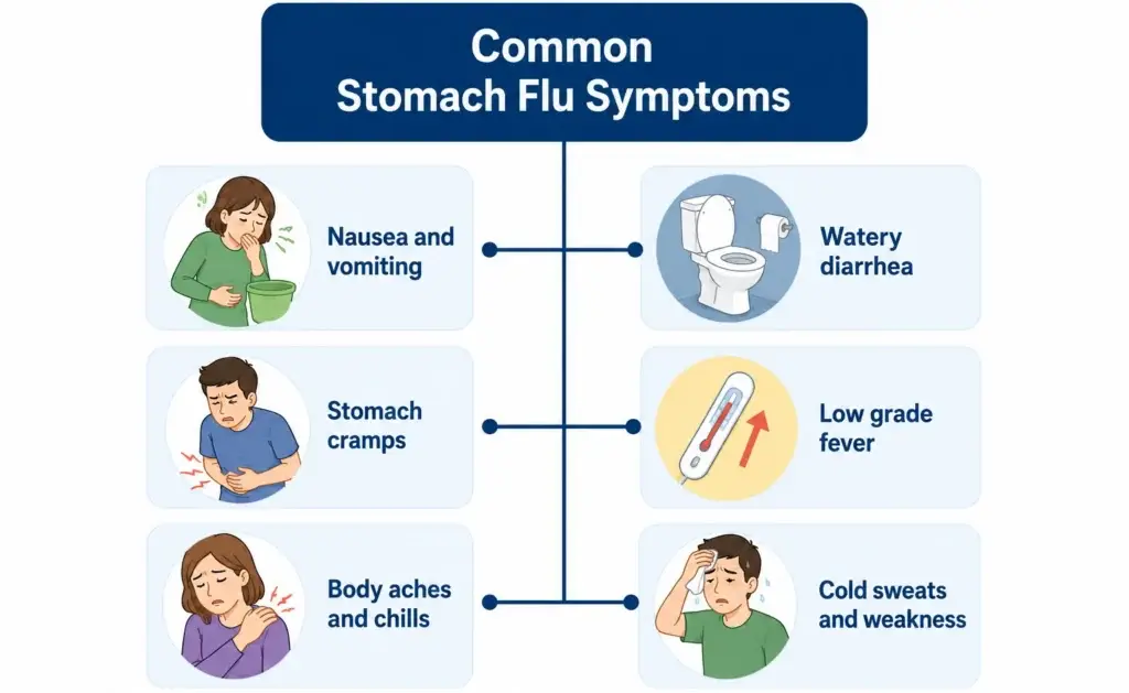 stomach flu symptoms including nausea stomach cramps and cold sweats